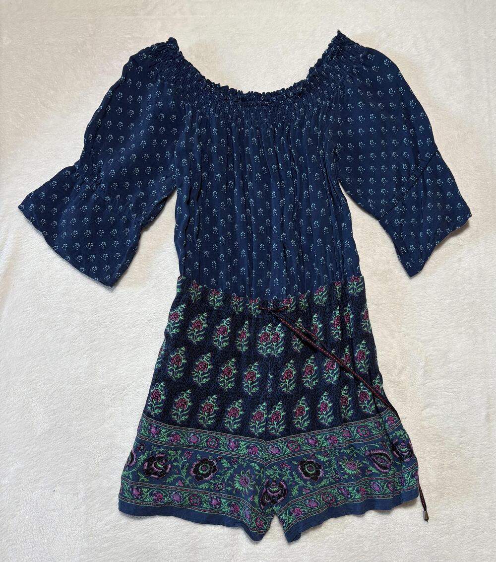Anthropologie Romper Womens Small Boho Floral Off Shoulder Border Print Navy